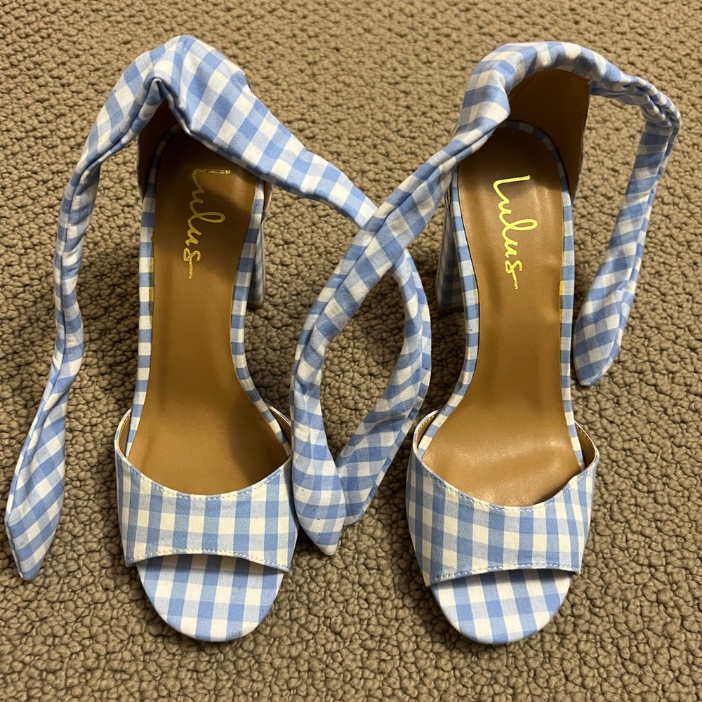 Covington Blue and White Gingham Ankle Strap Heels